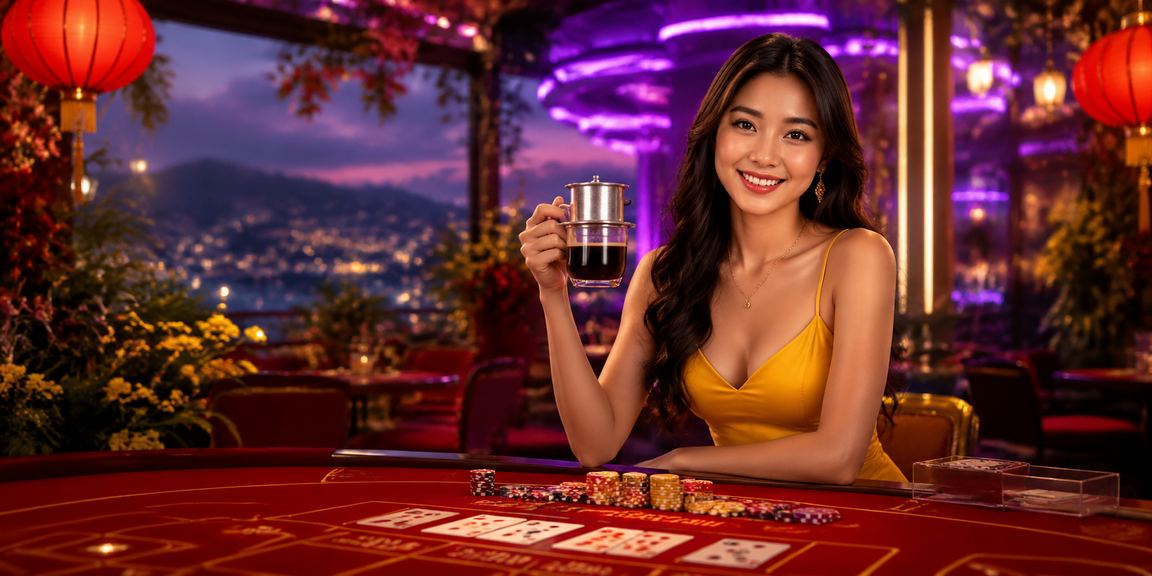 Người chơi thư giãn tại Đà Lạt thưởng thức cà phê bên bàn baccarat trực tuyến