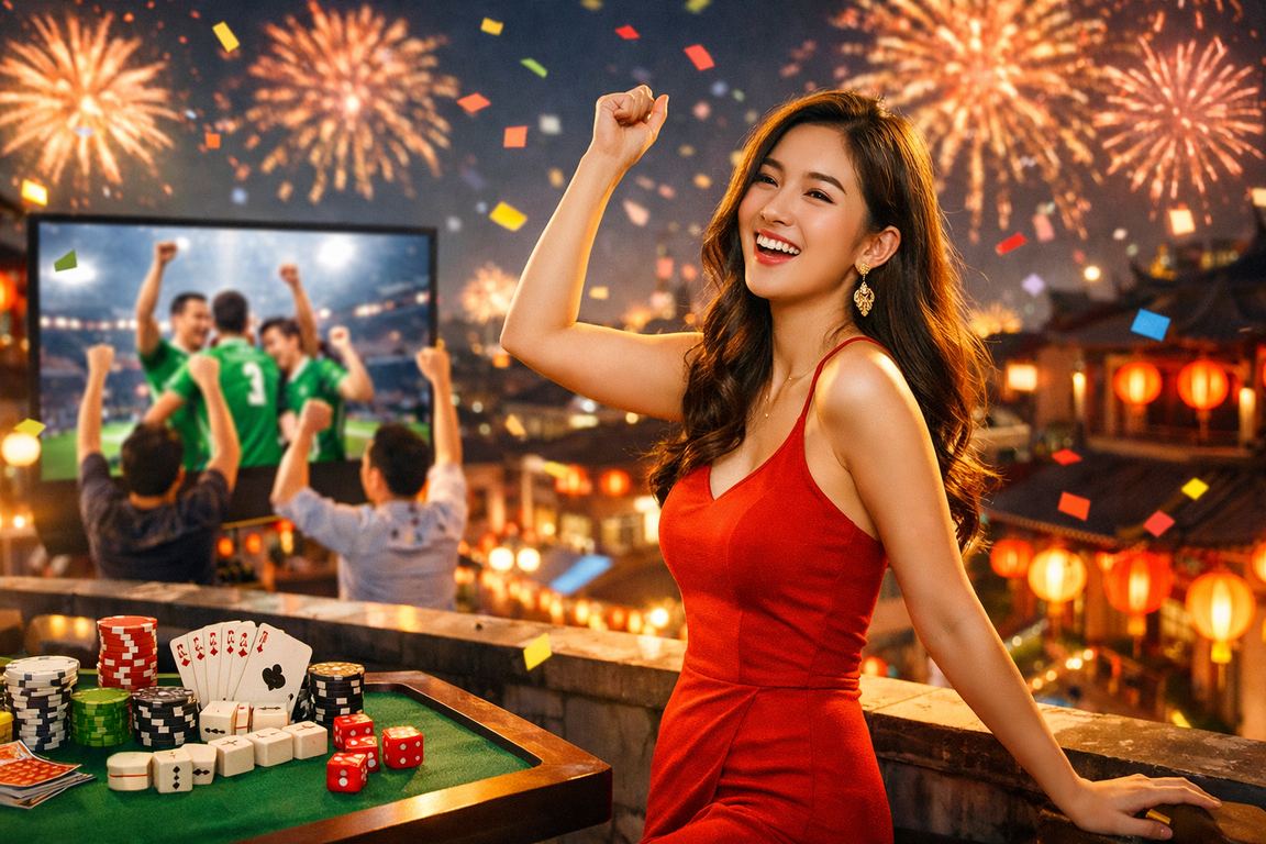 Bàn chơi bài truyền thống với đèn lồng đỏ tại Hà Nội trong dịp lễ hội