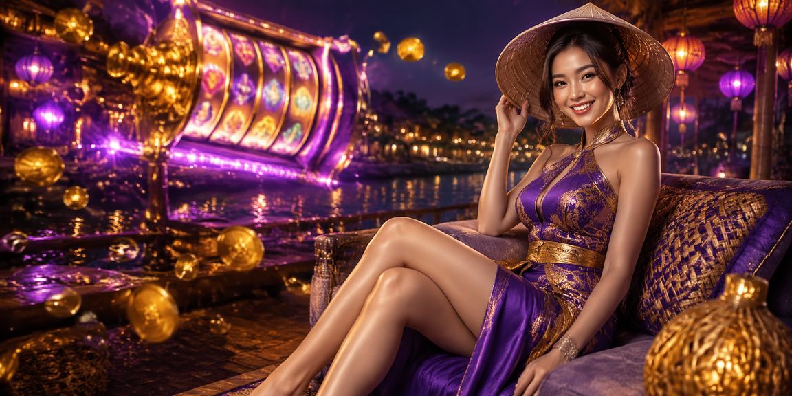 Người phụ nữ đội nón lá tại Hội An chơi slot game trên điện thoại