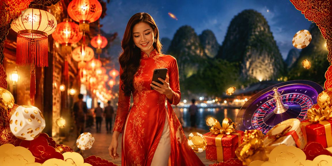 Người dùng tham quan chợ đêm Ninh Bình và chơi casino di động trên điện thoại